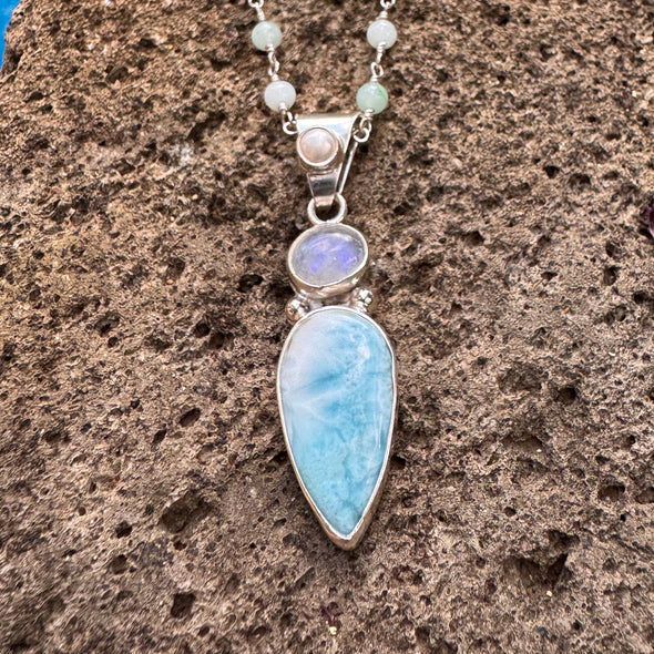 Ocean Moon Goddess Pendant with Blue Pearl Chain - Larimar with Moonstone and Pearl in Sterling Silver