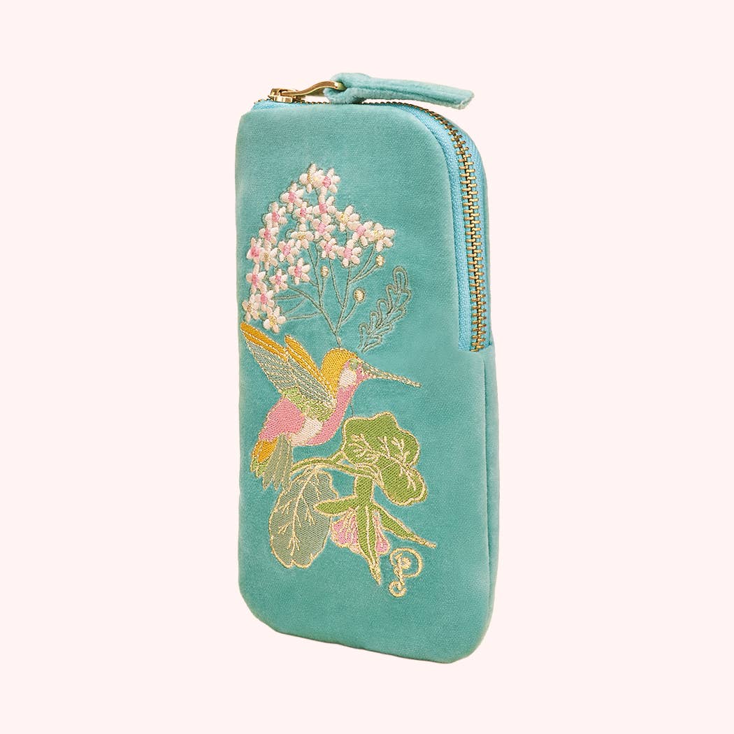 Velvet Embroidered Sunglasses Pouch - Hummingbird