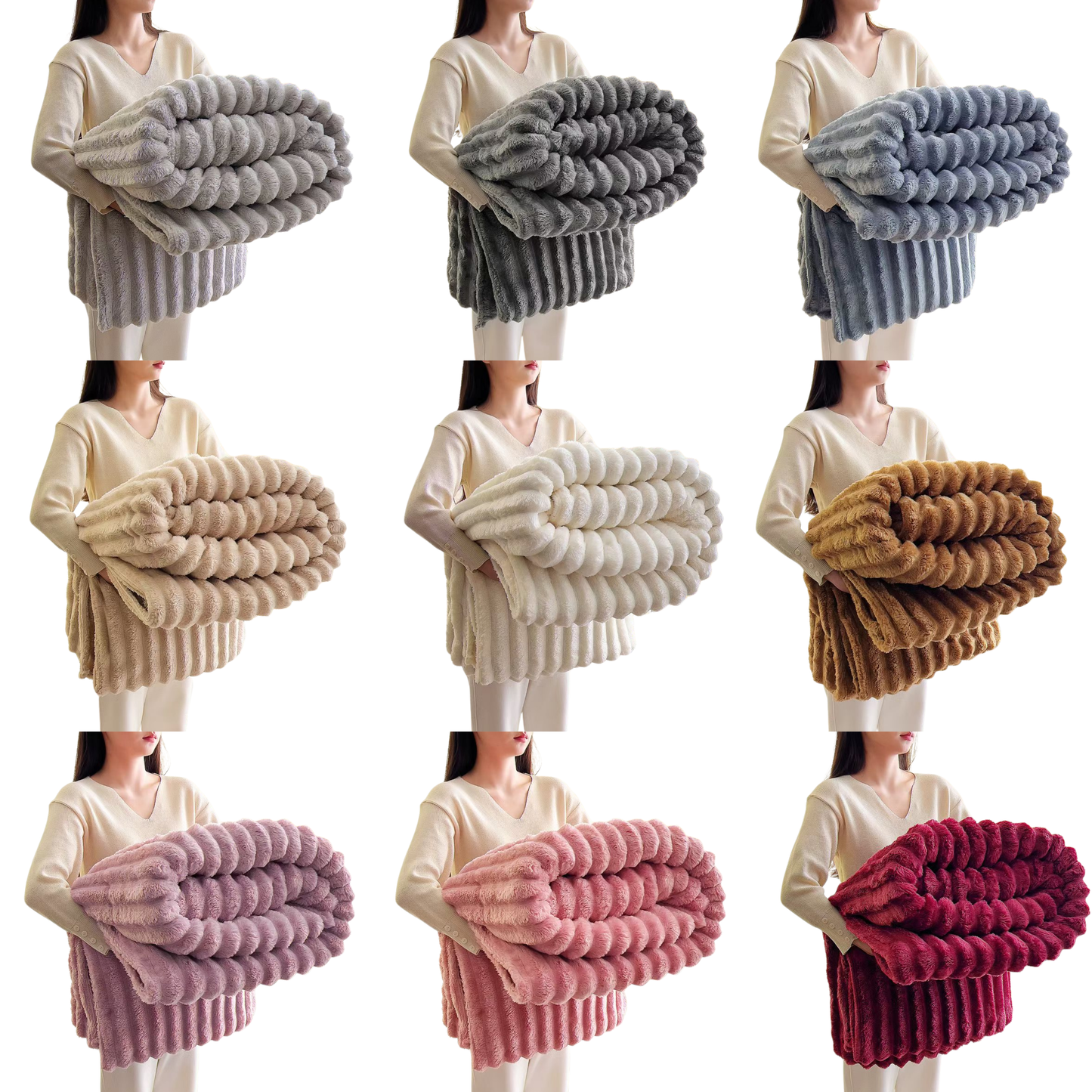 FLUFFERY - Stripe Fleece Throw – Ultra Plush Ribbed Blanket Lavender Pink