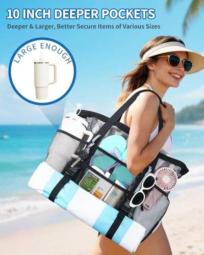 Large Beach Tote Bags with 40oz Tumbler Side Pockets
