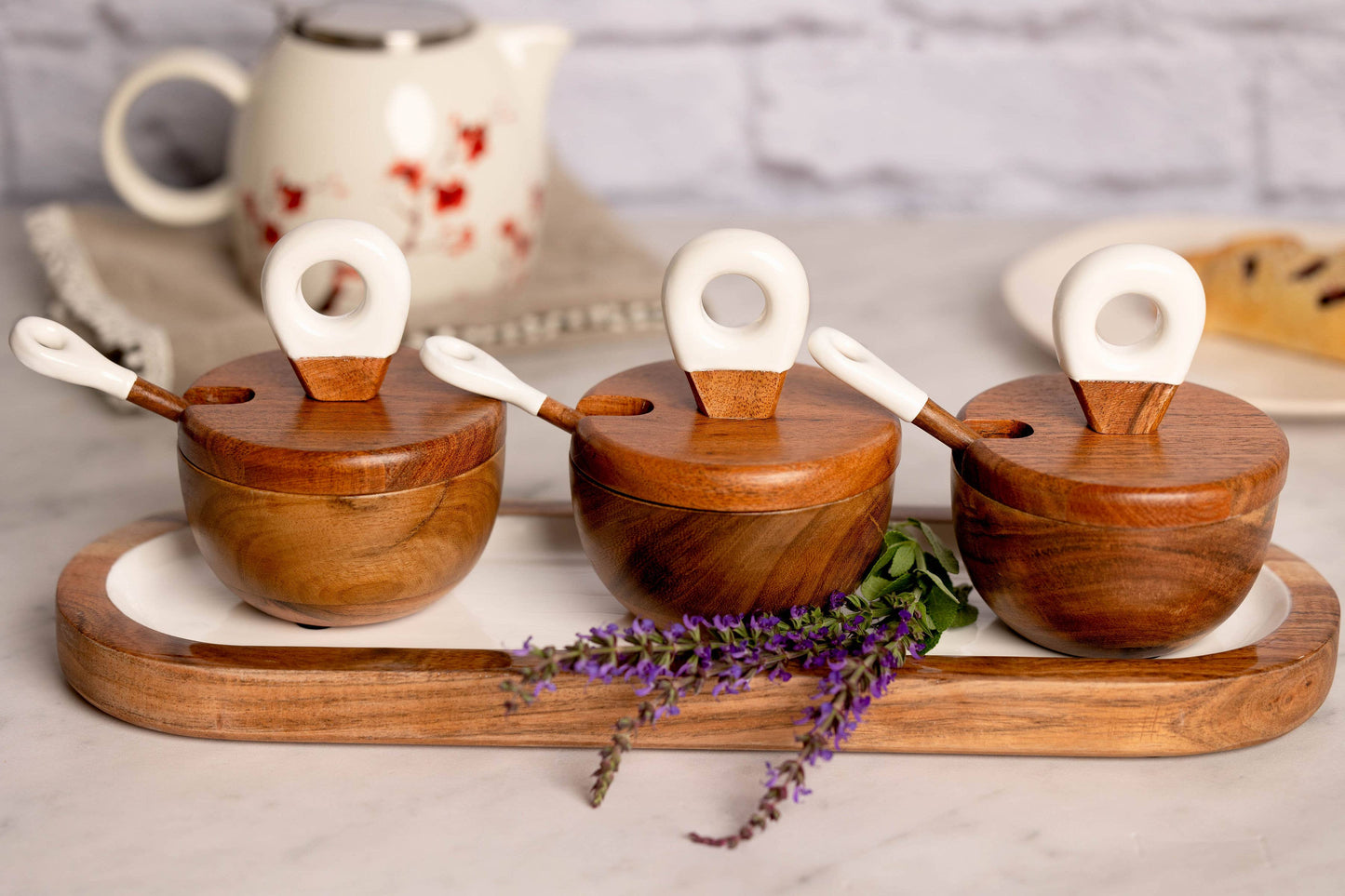Jeanne Fitz - Wood + White Acacia Wood 3 dipping bowls, tray, and spoons