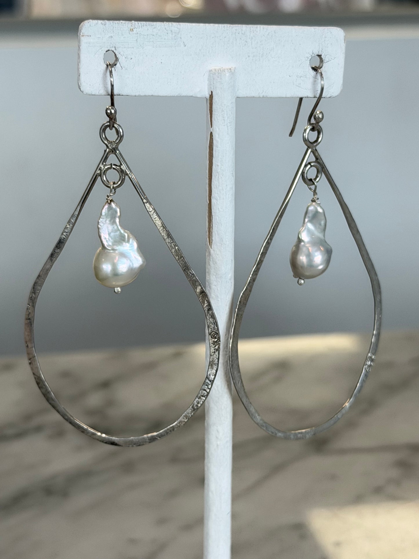 Handmade Tear Drop Hoop Earrings with Freshwater Pearls - Sterling Silver