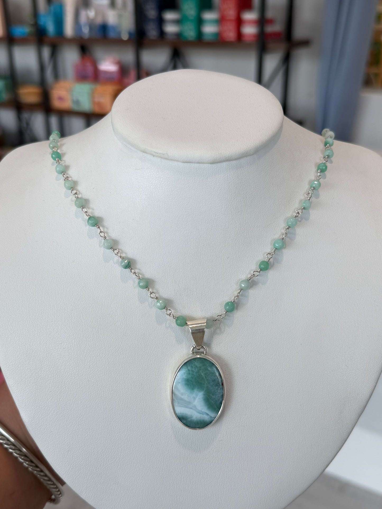Handmade Larimar Necklace with Beaded Rosary Chain - Sterling Silver
