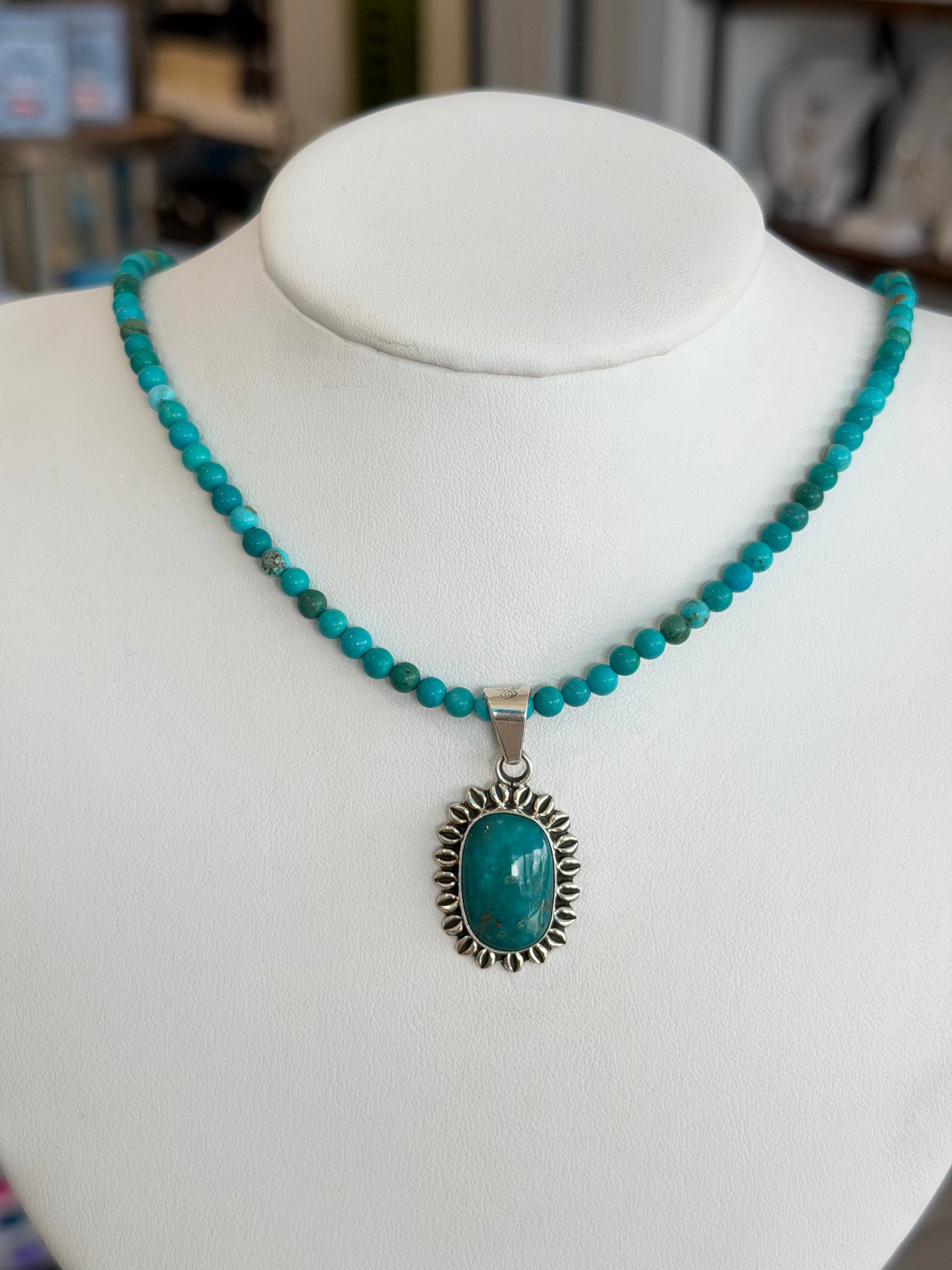 Handmade Small Turquoise Pendant with Beaded Chain- Sterling Silver