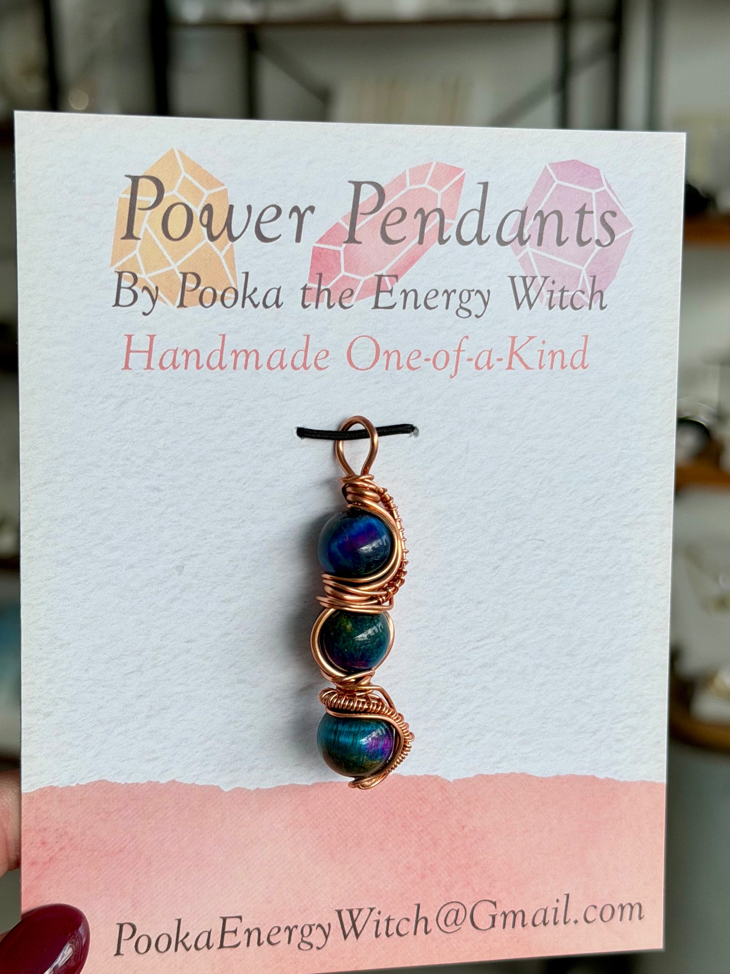 Pooka the Energy Witch - Copper Wire Wrap Pendant - Three Galaxy Tiger's Eye