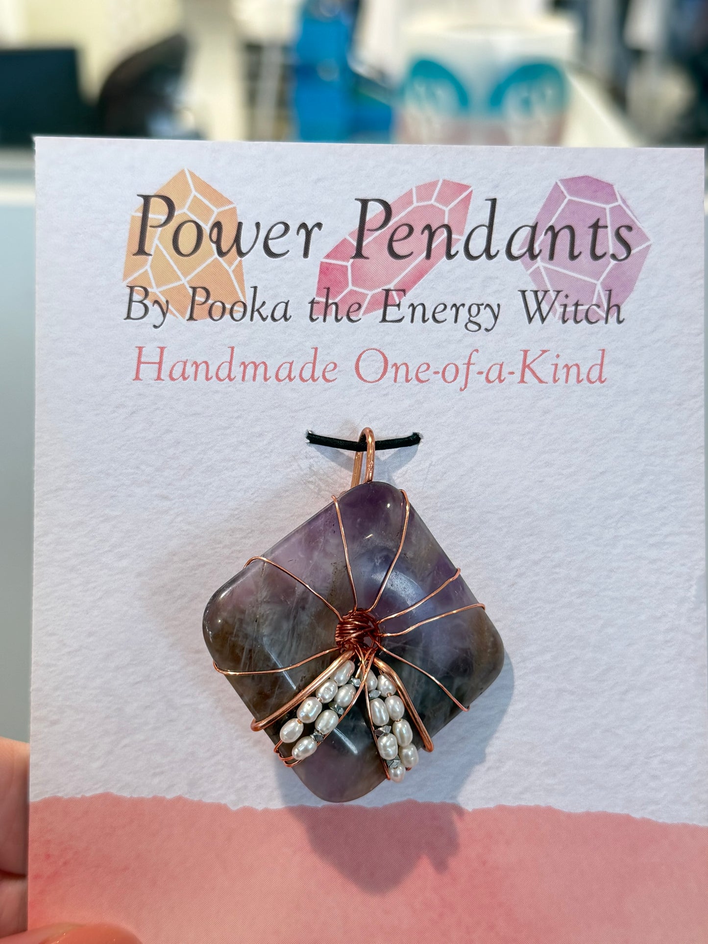 Pooka the Energy Witch - Copper Wire Wrap Pendant - Amethyst with Pearls & Hematite