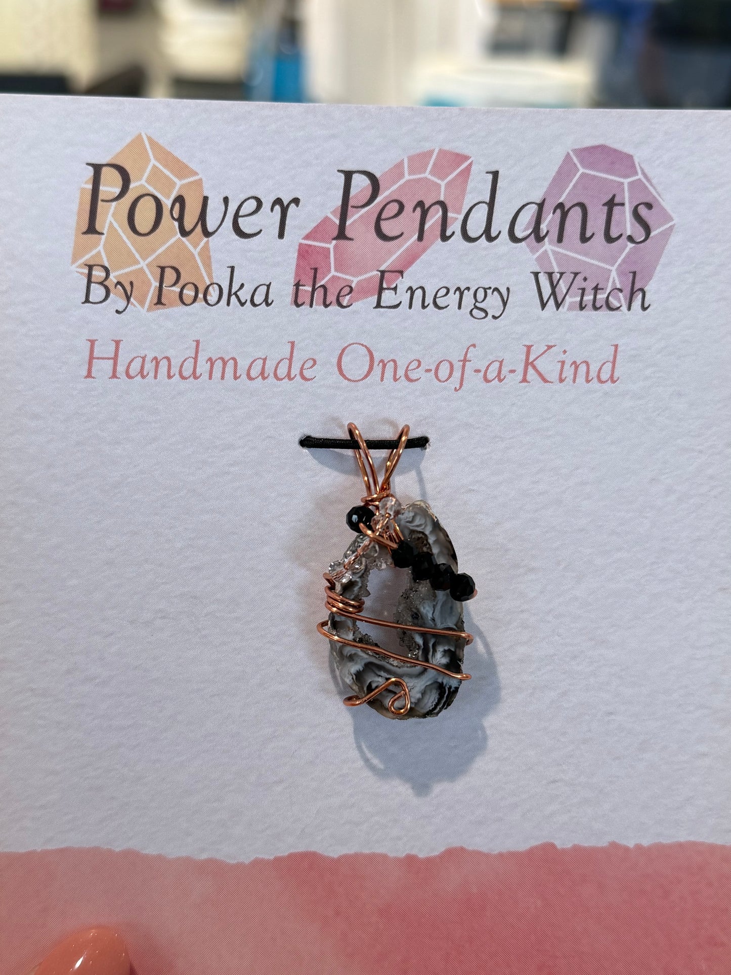 Pooka the Energy Witch - Copper Wire Wrap Pendant - Marble Geode Slice with Swarovski Beads