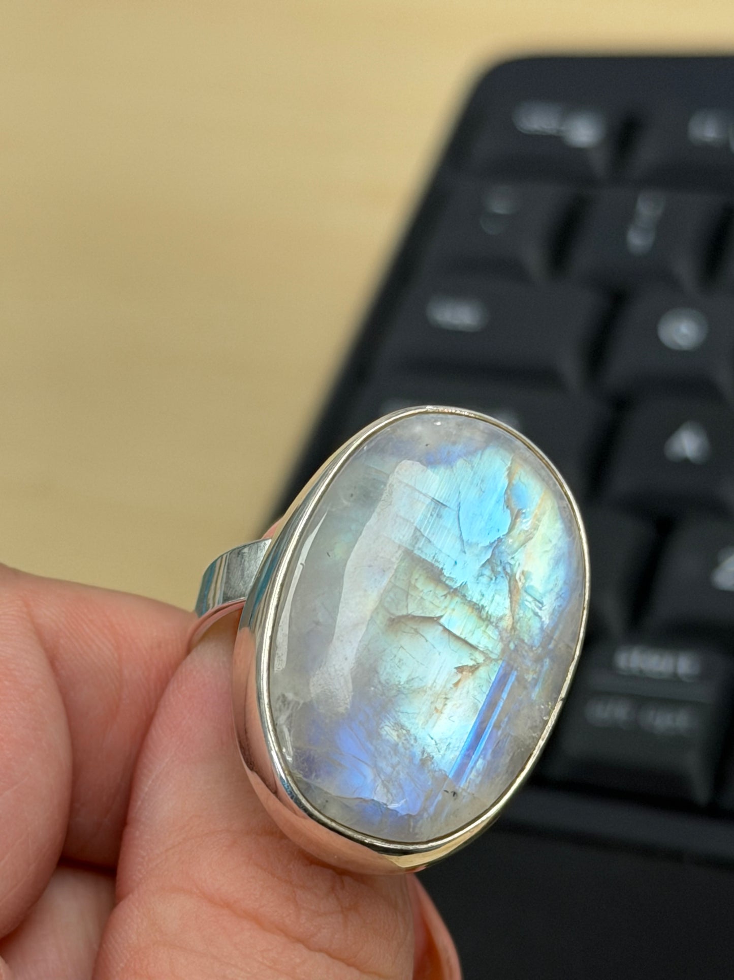 Large Rainbow Moonstone Ring - Sterling Silver