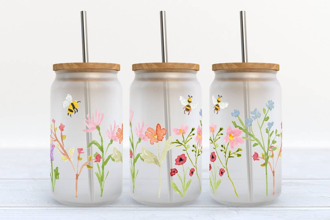 Kate Haven Glass Tumblers for Every Occasion - Watercolor Wildflowers 16oz Libbey Glass Frosted Tumbler
