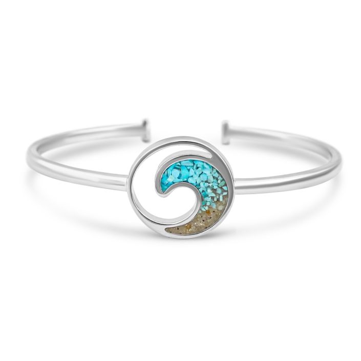 Explorer Wave Cuff Bracelet - Silver - Turquoise Gradient with sand from Beaches of Cape Cod