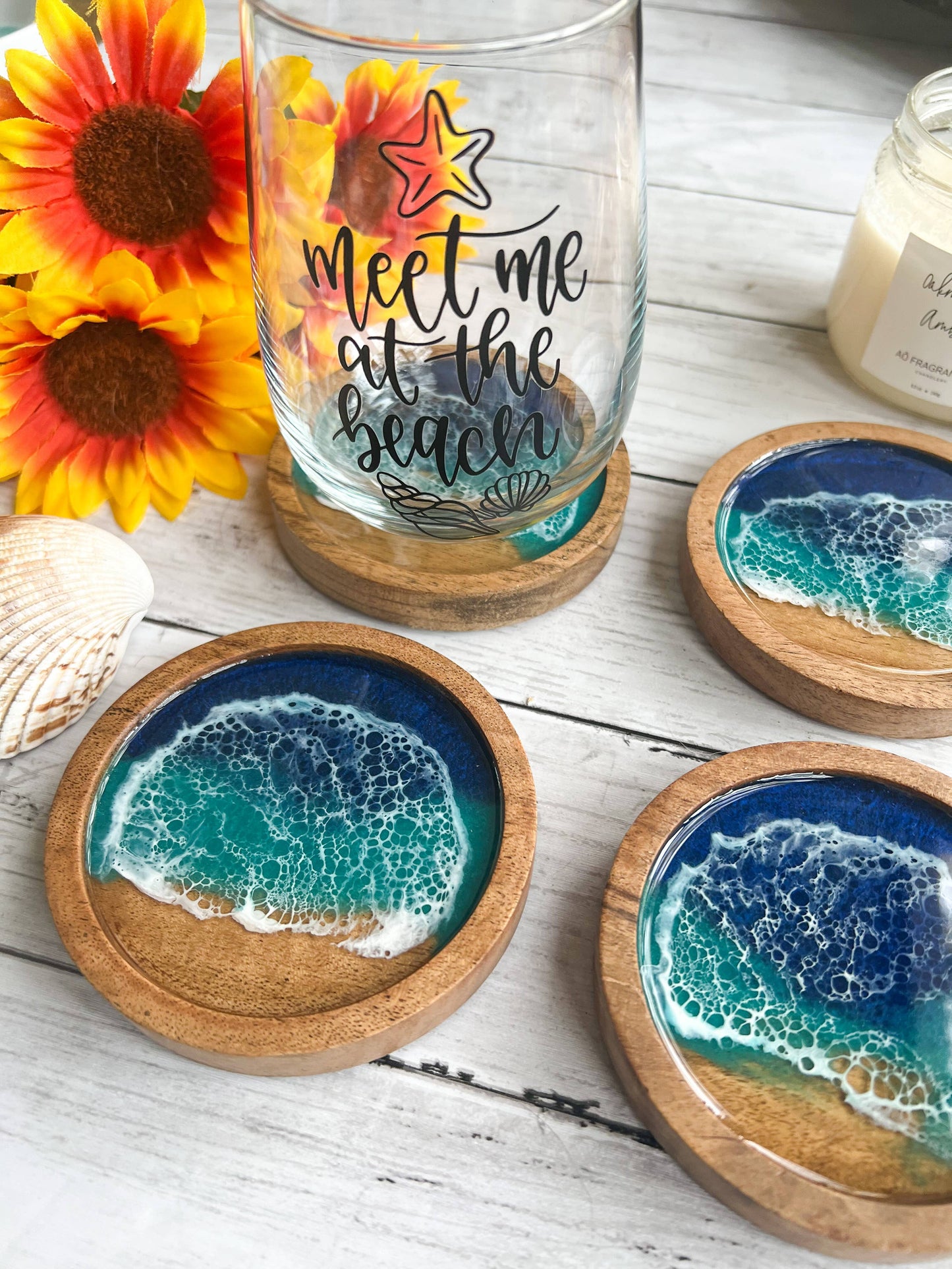 Citrus Waves Art - Mini Ocean Wood Coasters (Set of 2)