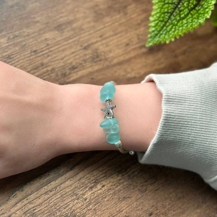 Aqua Nugget & Starfish Charm Sea Glass Bracelet