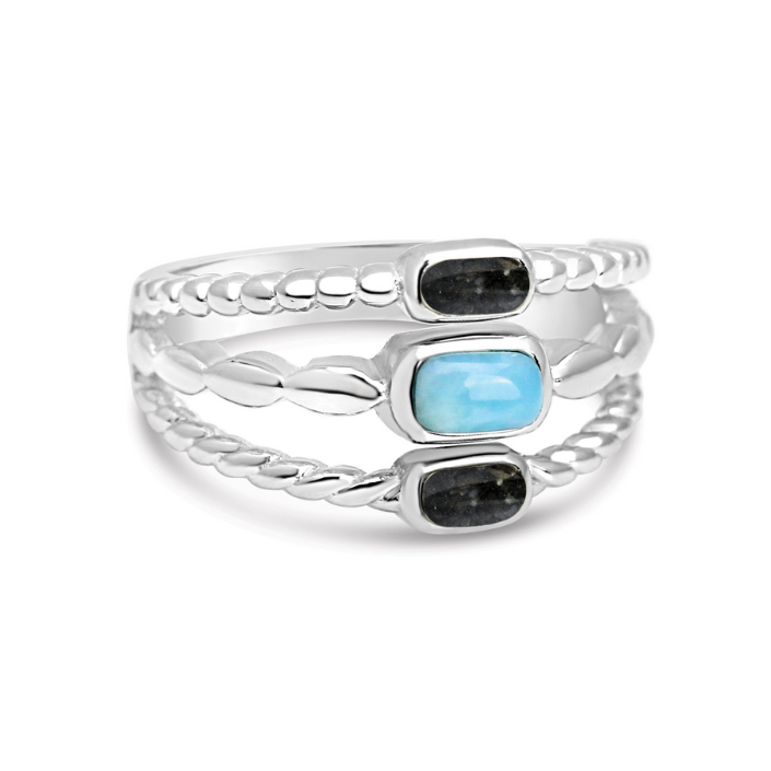 Boho Stack Ring 7 Larimar and Coast of Alaska Sand