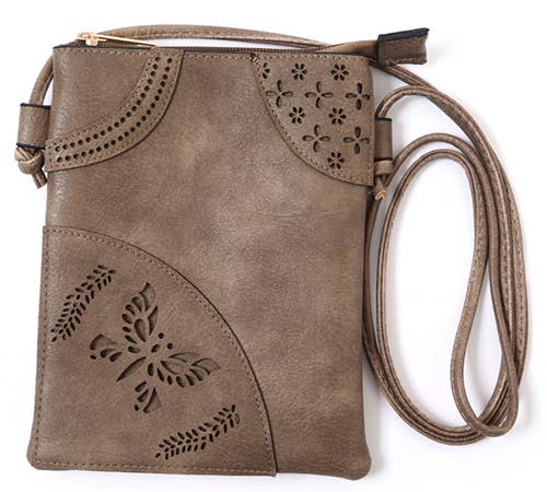Shine Mark Accessories - Taupe - Butterfly Laser Cut Crossbody Cellphone Bags