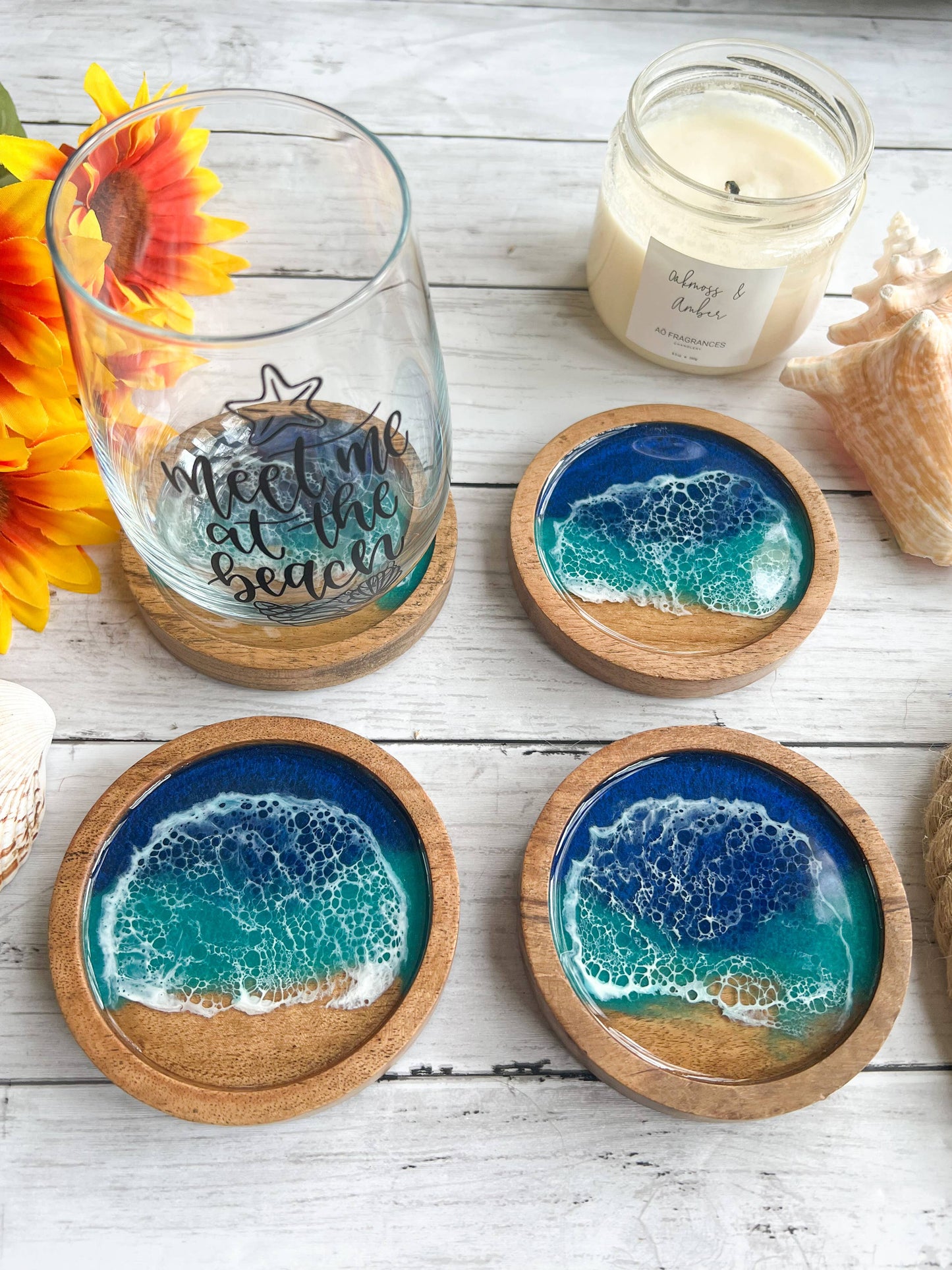 Citrus Waves Art - Mini Ocean Wood Coasters (Set of 2)