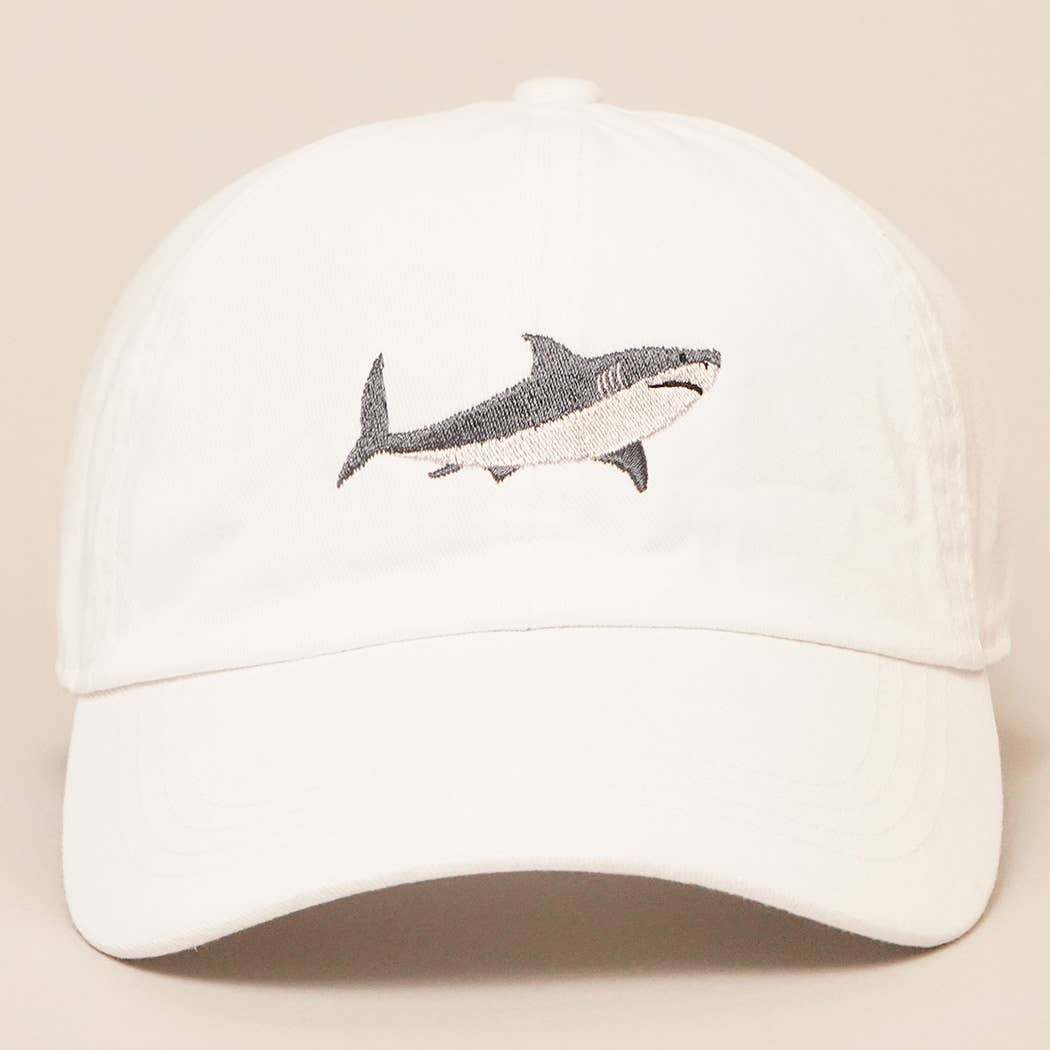 Shark Embroidered Cotton Baseball Cap - White
