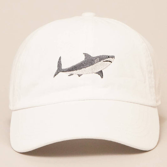 Shark Embroidered Cotton Baseball Cap - White
