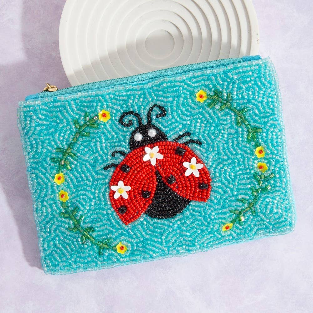 Floral Lady Bug Seed Beaded Coin Purse