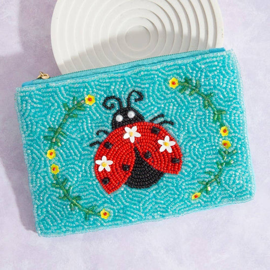 Floral Lady Bug Seed Beaded Coin Purse