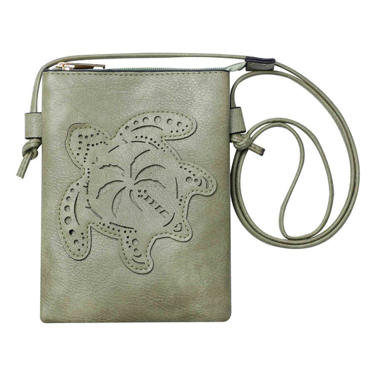 Shine Mark Accessories - Green-Turtle with PalmTree laser cut crossbody cellphone bag