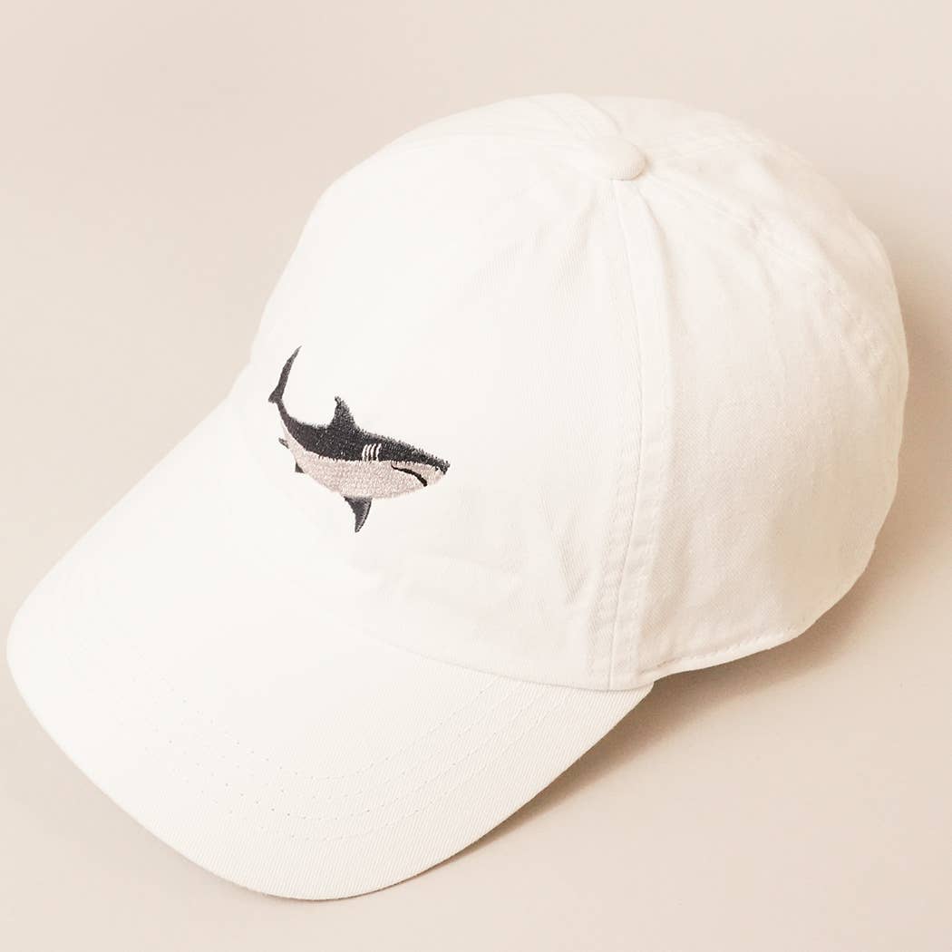 Shark Embroidered Cotton Baseball Cap - White