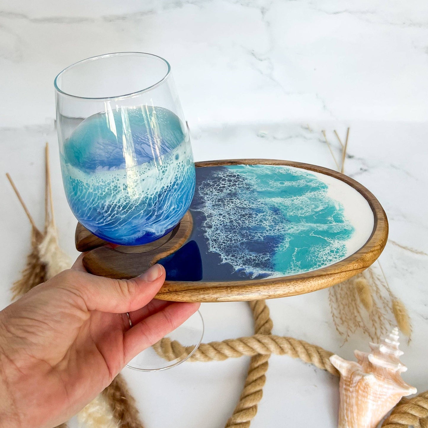 Citrus Waves Art - Personal Charcuterie Board with Wine Glass Holder