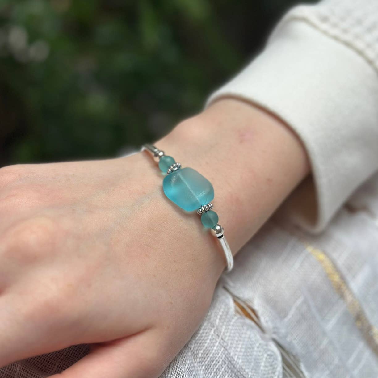 Aqua Square Nugget Sea Glass Bracelet
