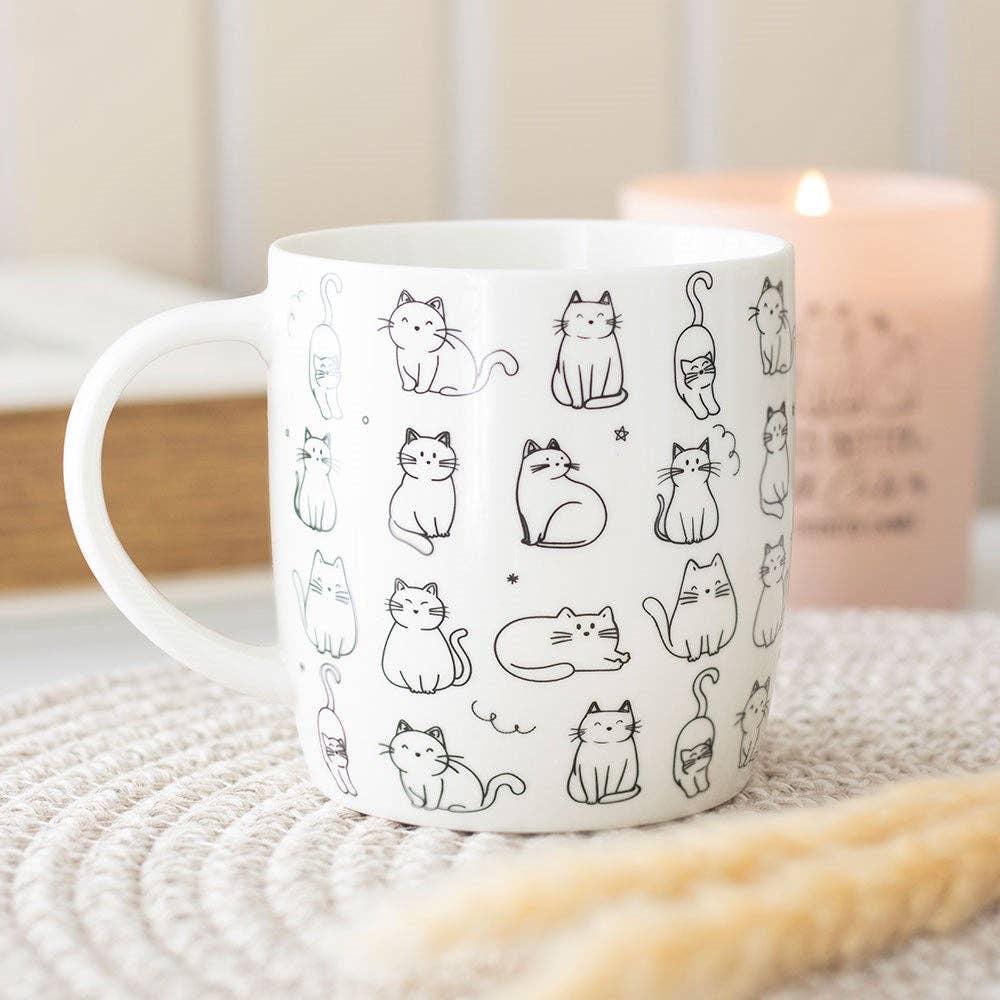 White Happy Cat Print Mug