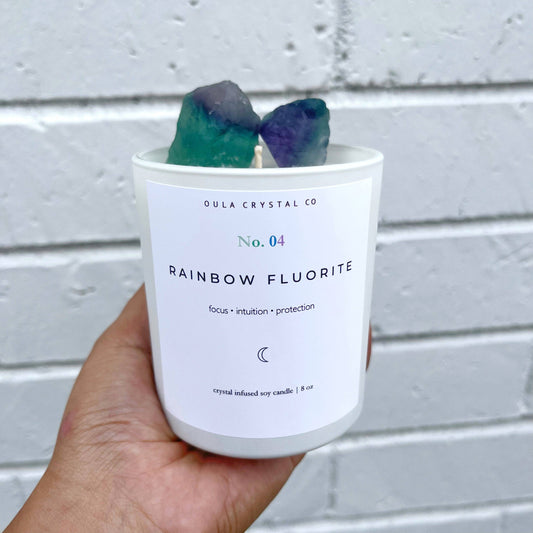 OULA CRYSTAL CO - Rainbow Fluorite Candle · Crystal Infused · 8oz · Wholesale: Cucumber Melon