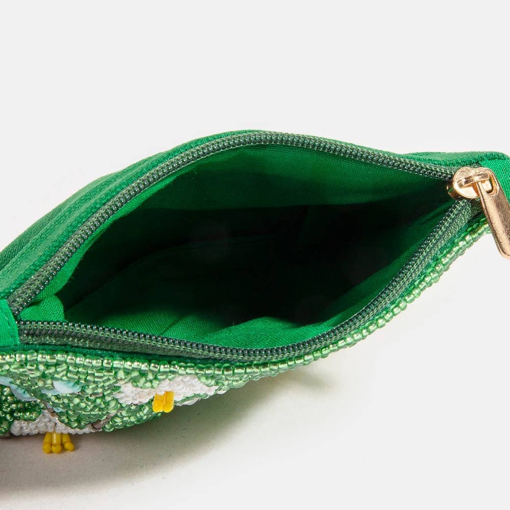 Green Floral Seed Beaded Coin Purse
