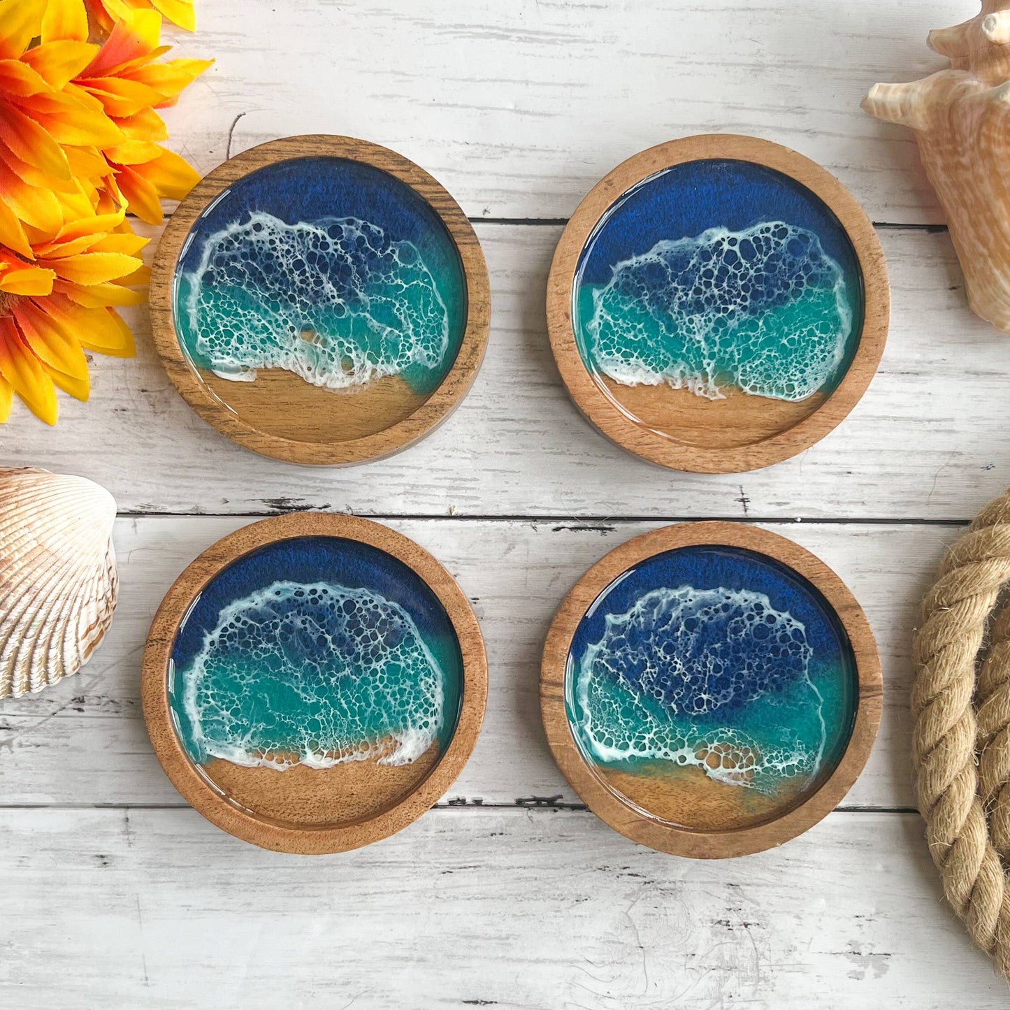Citrus Waves Art - Mini Ocean Wood Coasters (Set of 2)