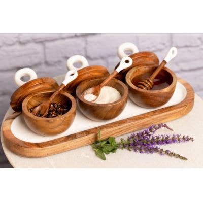 Jeanne Fitz - Wood + White Acacia Wood 3 dipping bowls, tray, and spoons