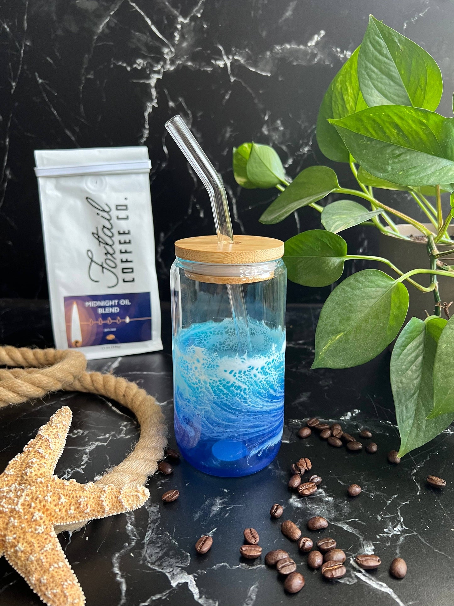 Citrus Waves Art - Iced Coffee Glass with glass straw (16oz)