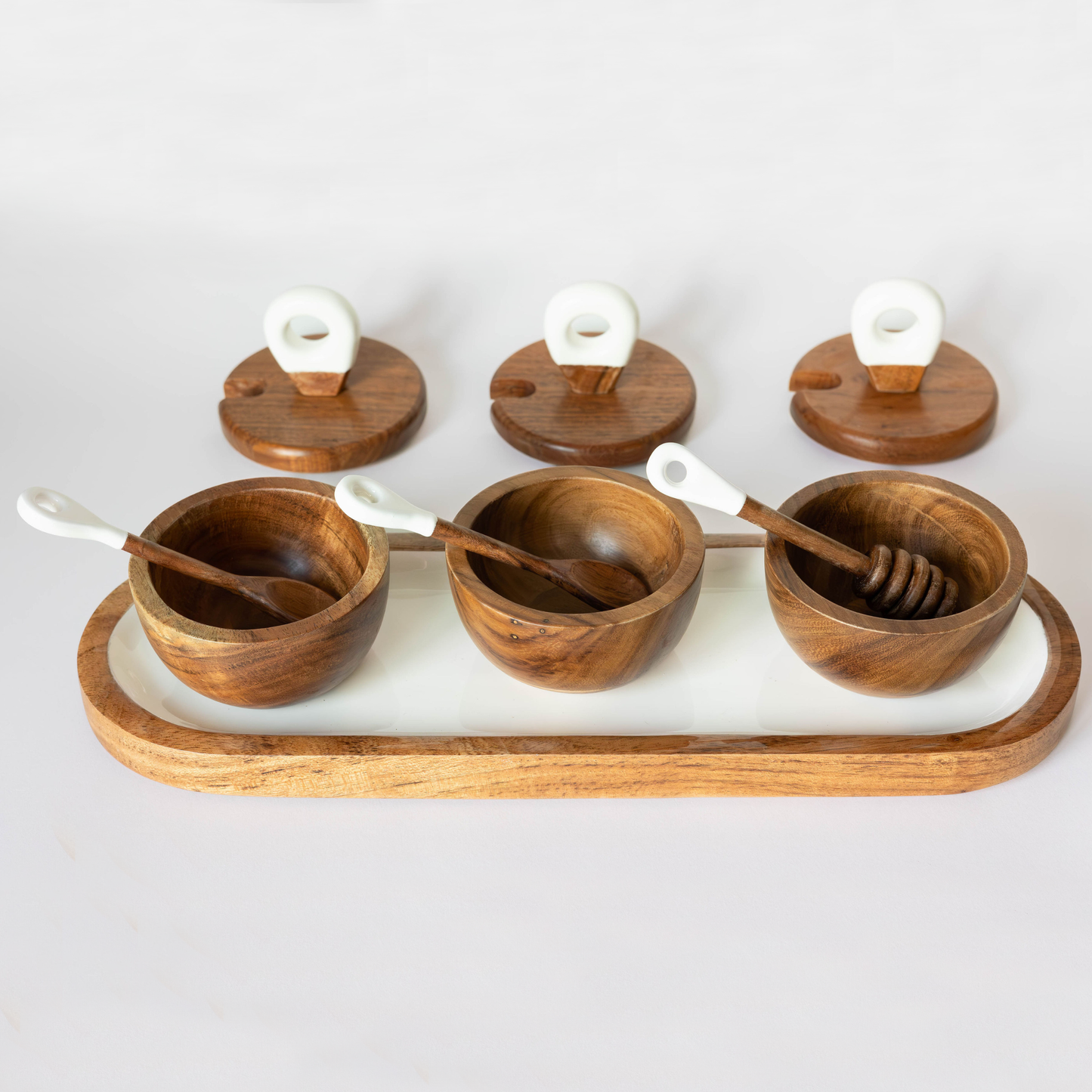 Jeanne Fitz - Wood + White Acacia Wood 3 dipping bowls, tray, and spoons