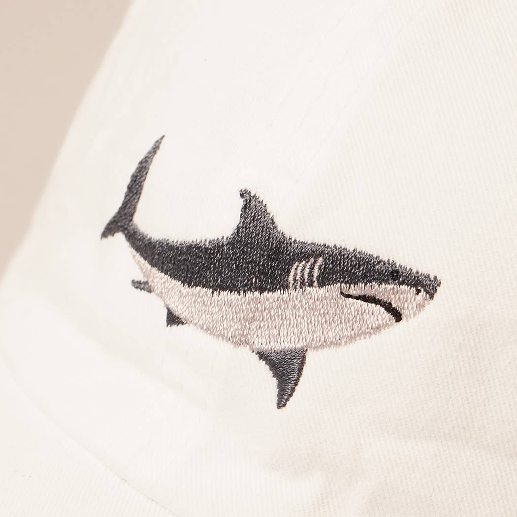 Shark Embroidered Cotton Baseball Cap - White