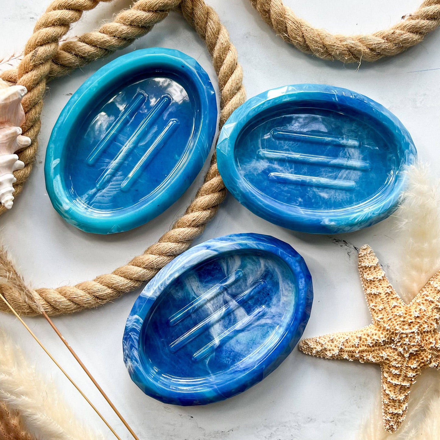 Citrus Waves Art - Oval Soap Dish: Blue & White