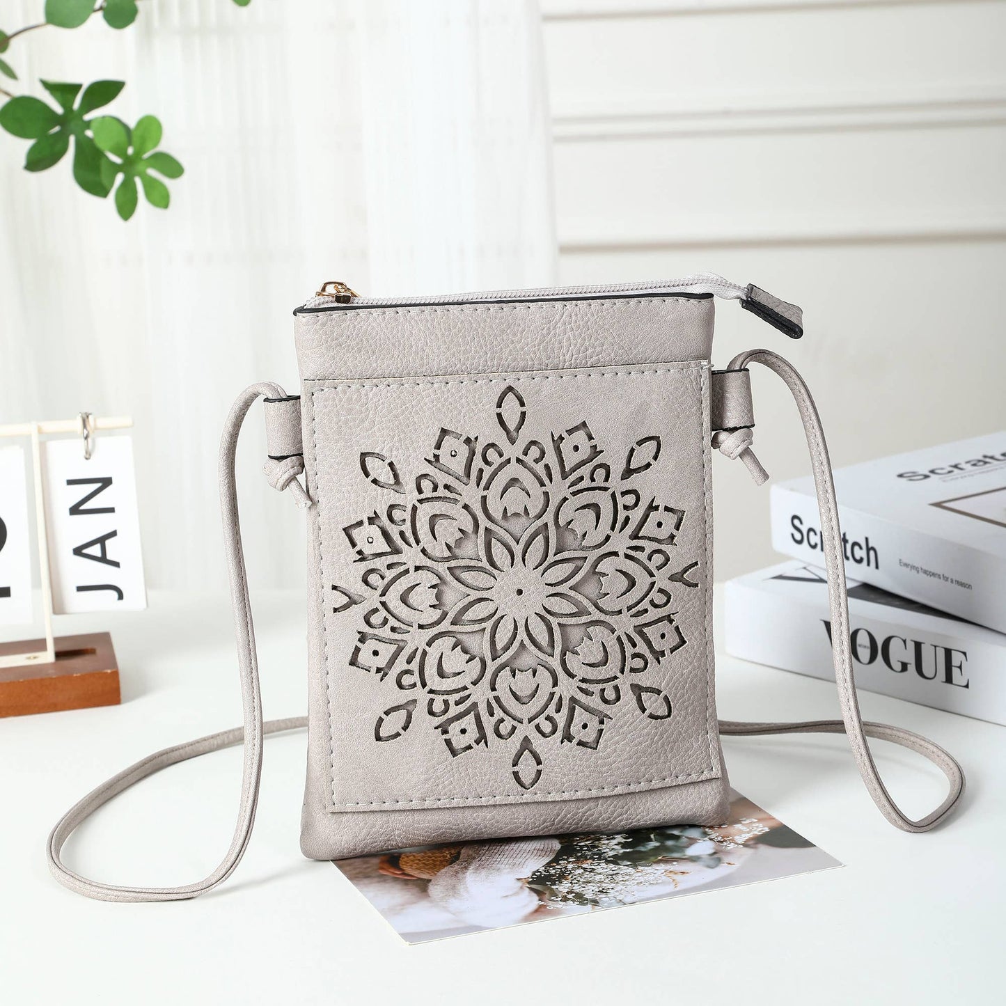 Shine Mark Accessories - Sand - Floral Lacer cut crossbody cellphone bag