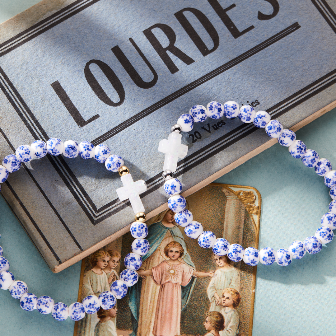 Holy Water Bracelet - HOLY WATER PORCELAIN CROSS BRACELET: Gold Spacer Beads