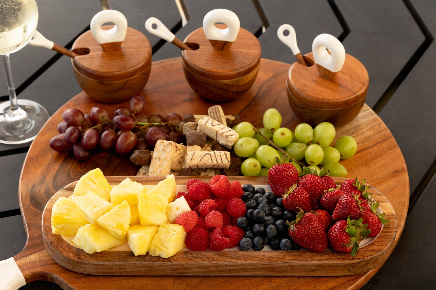 Jeanne Fitz - Wood + White Acacia Wood 3 dipping bowls, tray, and spoons