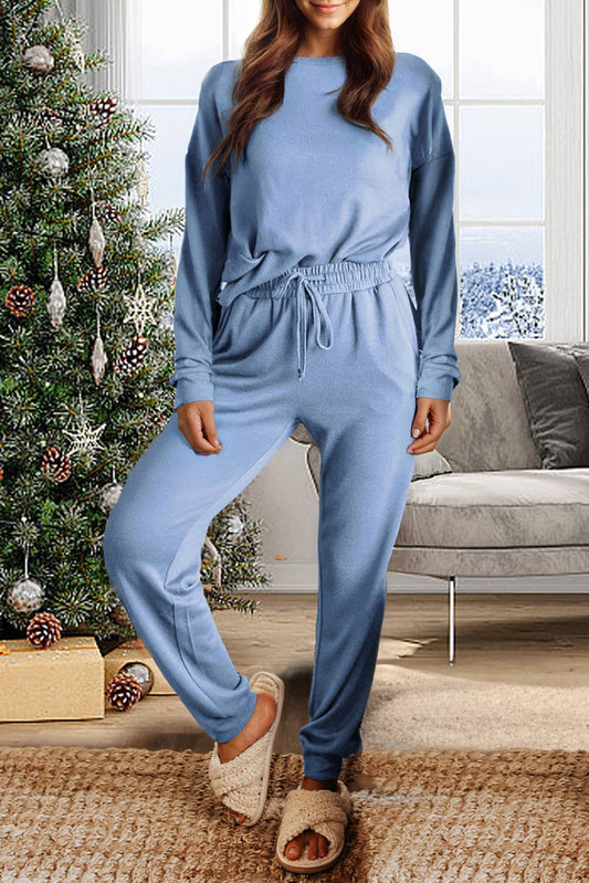 Pajamas - Long Sleeve Pullover and Jogger Pants Lounge Set: Beau Blue S/M