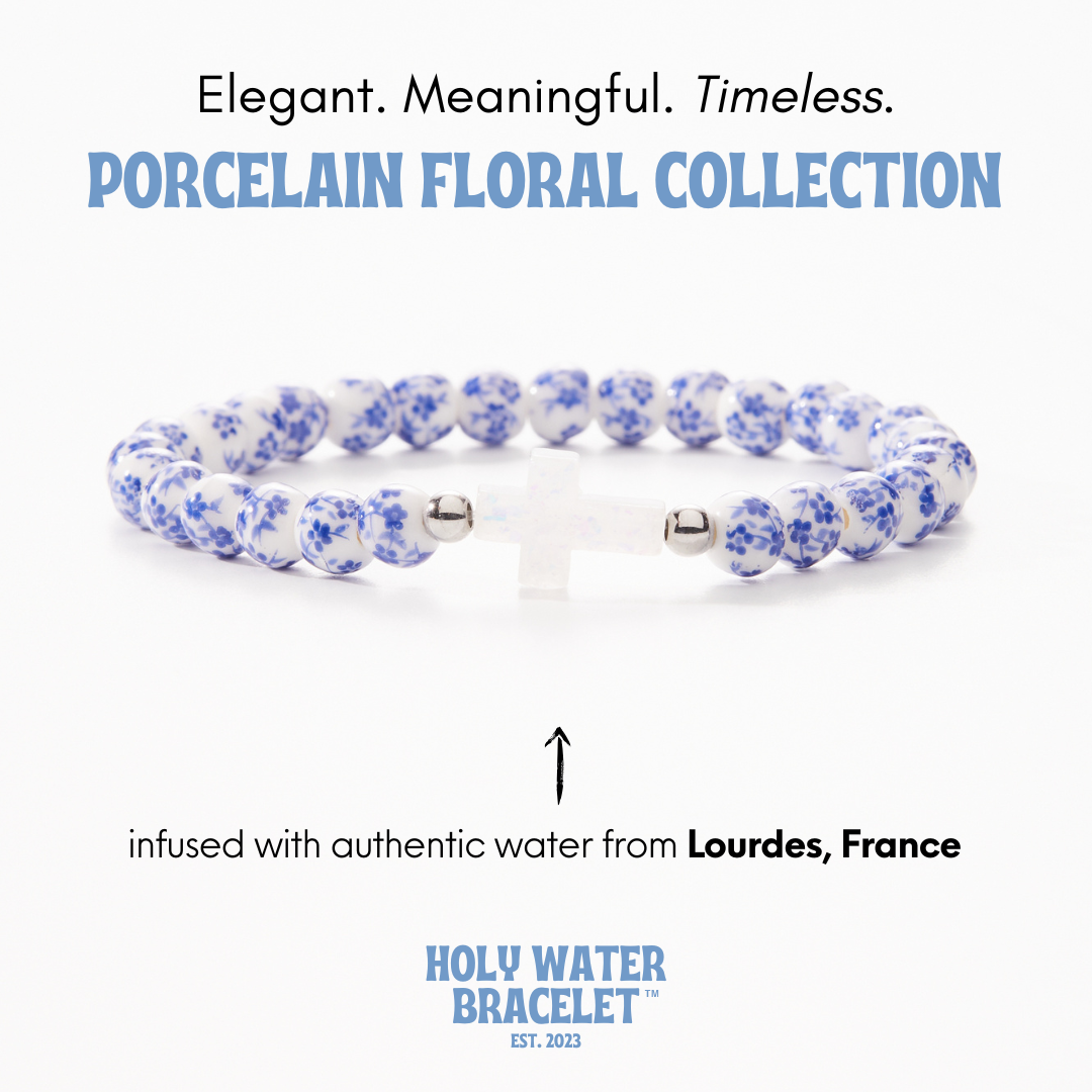 Holy Water Bracelet - HOLY WATER PORCELAIN CROSS BRACELET: Gold Spacer Beads