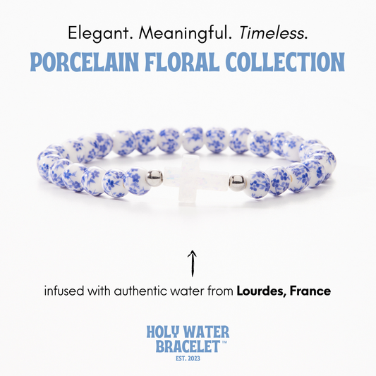 Holy Water Bracelet - HOLY WATER PORCELAIN CROSS BRACELET: Stainless Steel Spacer Beads