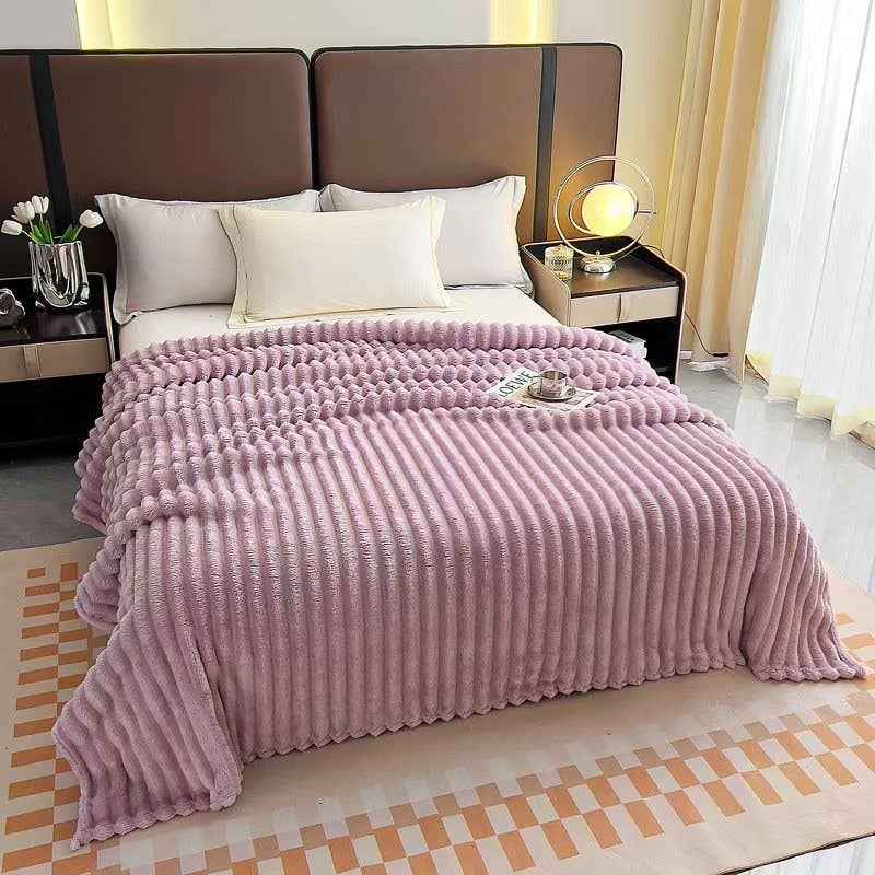 FLUFFERY - Stripe Fleece Throw – Ultra Plush Ribbed Blanket Lavender Pink