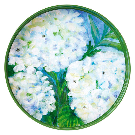 White Hydrangeas Round Laquer Serving Tray