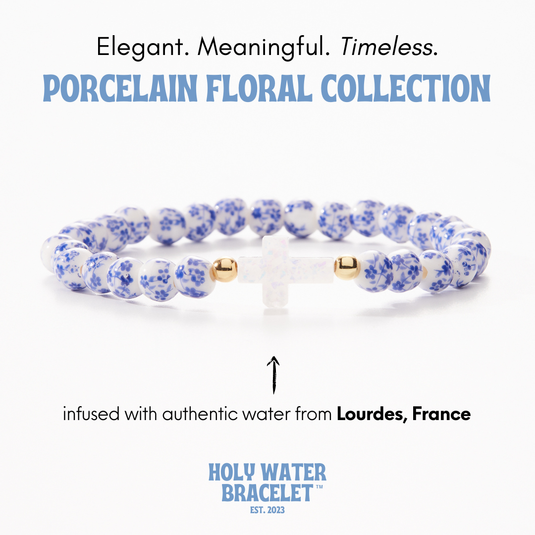 Holy Water Bracelet - HOLY WATER PORCELAIN CROSS BRACELET: Gold Spacer Beads