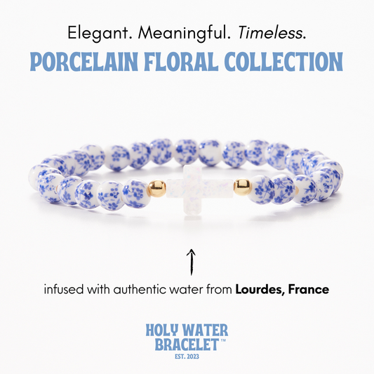 Holy Water Bracelet - HOLY WATER PORCELAIN CROSS BRACELET: Gold Spacer Beads
