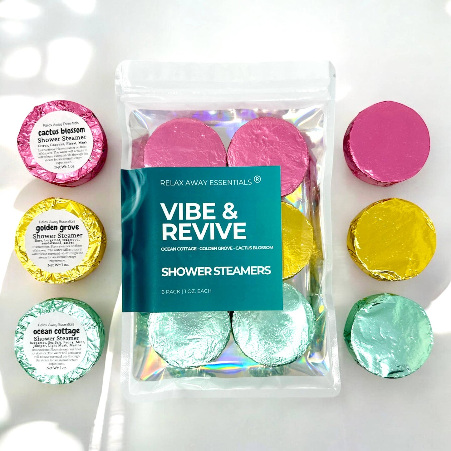Relax Away Essentials - Vibe and Revive Shower Steamers 6 Pack - Made in USA - Spa