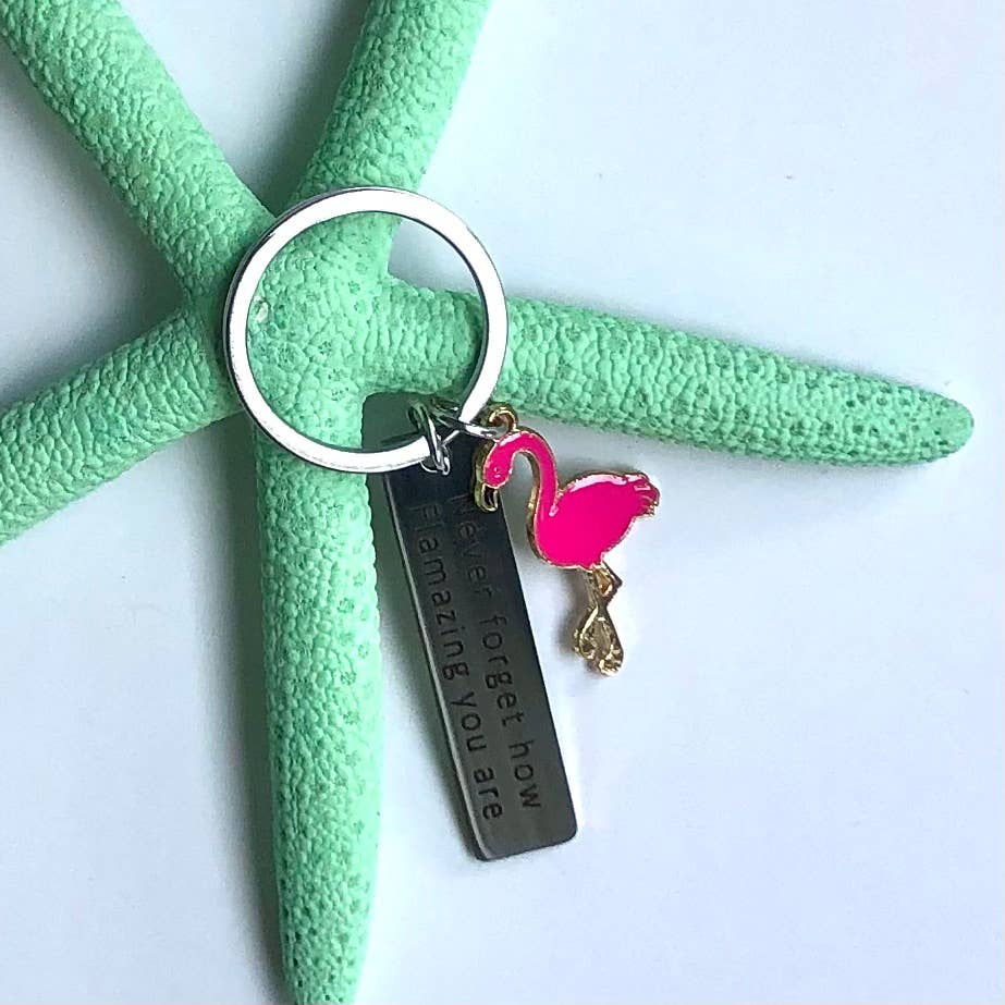 Flamingo Enamel Keychain with Key Tag Tropical Hot Pink