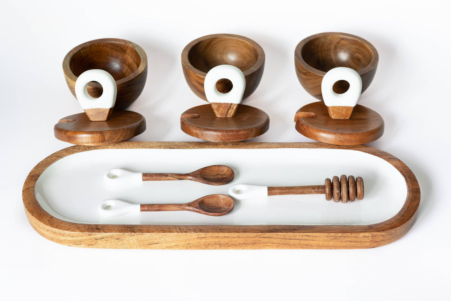Jeanne Fitz - Wood + White Acacia Wood 3 dipping bowls, tray, and spoons