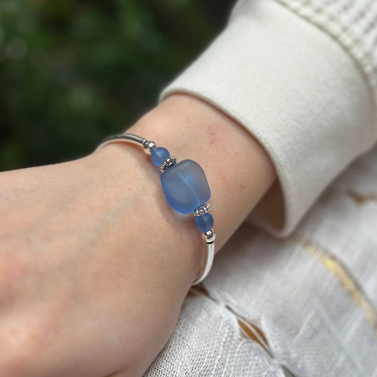 Sapphire Square Nugget Sea Glass Bracelet